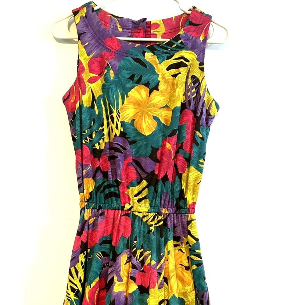 VTG 1970s IFI COTTON FLORAL TROPICAL CRUISE DRESS & BELT SIZE 8 Tall
